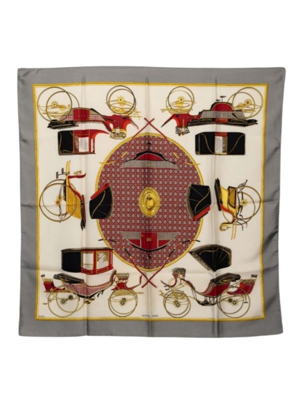 Hermes Carre 90 les Voitures Transformation Folding Top Carriage Scarf Gray